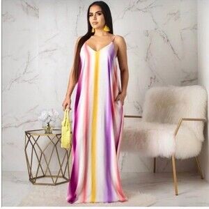 Rainbow Striped Maxi Dress Large Spring Summer Beach